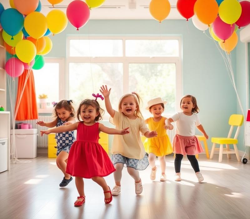 Children dancing with balloons in the activity room
